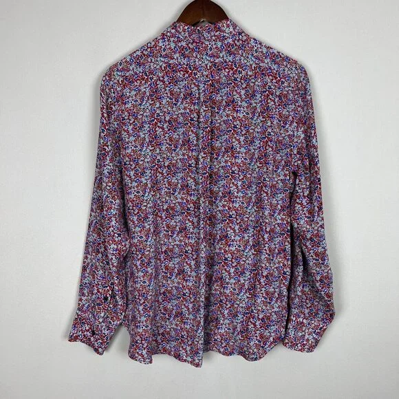 J. Crew Classic Fit 100% Silk Blouse Womens 8 Red Floral‎ Long Sleeve Button Up - Picture 8 of 11